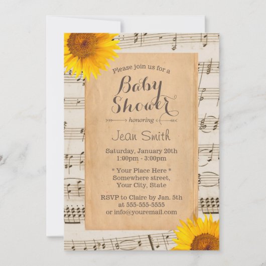 Rustic Sunflower Musical Baby shower Kaart (Voorkant)