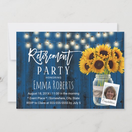 Rustic Sunflower Navy Barn Wood Foto Retirement Kaart (Voorkant)