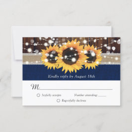 Rustic Sunflower Navy Blue Burlap Wedding RSVP Kaartje