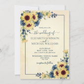 Rustic Sunflower Navy Blue Floral Photo Wedding Kaart (Voorkant)