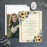 Rustic Sunflower Navy Blue Floral Photo Wedding Kaart<br><div class="desc">Creëer de perfecte huwelijksuitnodiging met deze warme,  trendy zonnebloem en blauw blauw blauw waterverf met handgeschreven scripttypografie. De rug van de uitnodiging kenmerkt uw favoriete foto van het verloving. De ontwerper van het contact voor de passende producten. Copyright Elegant nodigt uit,  alle rechten voorbehouden.</div>