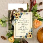 Rustic Sunflower Navy Blue Floral Photo Wedding Kaart<br><div class="desc">Creëer de perfecte huwelijksuitnodiging met deze warme,  trendy zonnebloem en blauw blauw blauw waterverf met handgeschreven scripttypografie. De rug van de uitnodiging kenmerkt uw favoriete foto van het verloving. De ontwerper van het contact voor de passende producten. Copyright Elegant nodigt uit,  alle rechten voorbehouden.</div>