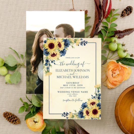 Rustic Sunflower Navy Blue Floral Photo Wedding Kaart
