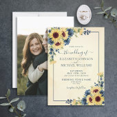 Rustic Sunflower Navy Blue Floral Photo Wedding Kaart