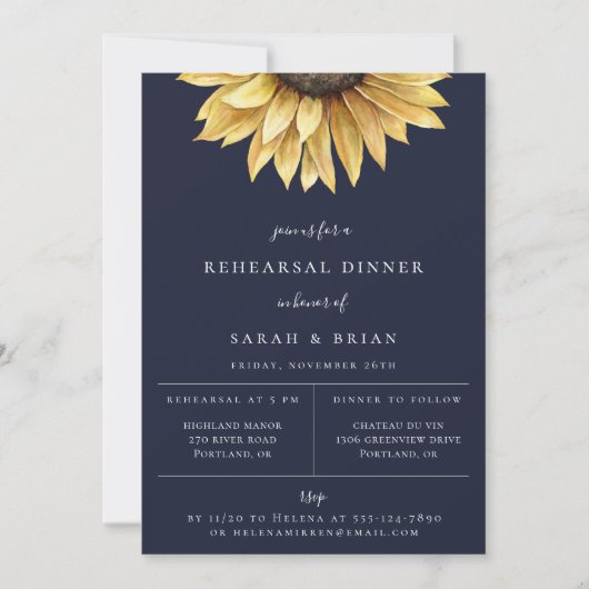 Rustic Sunflower Navy Blue Rehearsal Aankondiging (Voorkant)