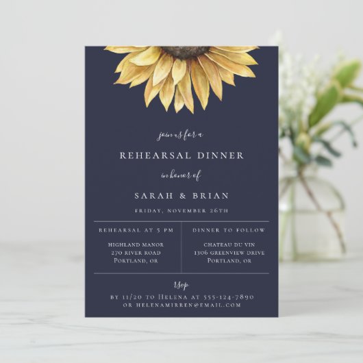 Rustic Sunflower Navy Blue Rehearsal Aankondiging (Staand voorkant)