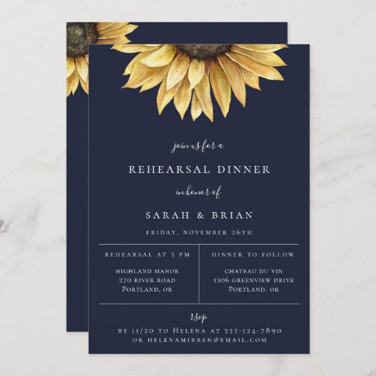 Rustic Sunflower Navy Blue Rehearsal Aankondiging (Voorkant / Achterkant)