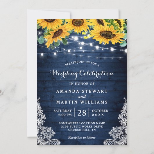 Rustic Sunflower Navy Blue String Lights Wedding Kaart (Voorkant)