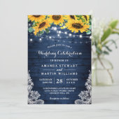 Rustic Sunflower Navy Blue String Lights Wedding Kaart (Staand voorkant)