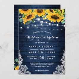Rustic Sunflower Navy Blue String Lights Wedding Kaart