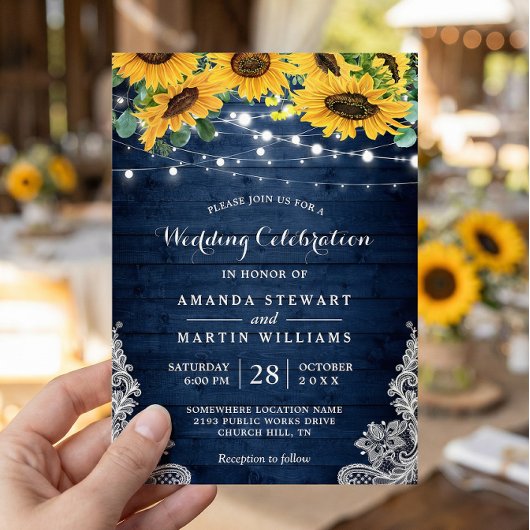 Rustic Sunflower Navy Blue String Lights Wedding Kaart
