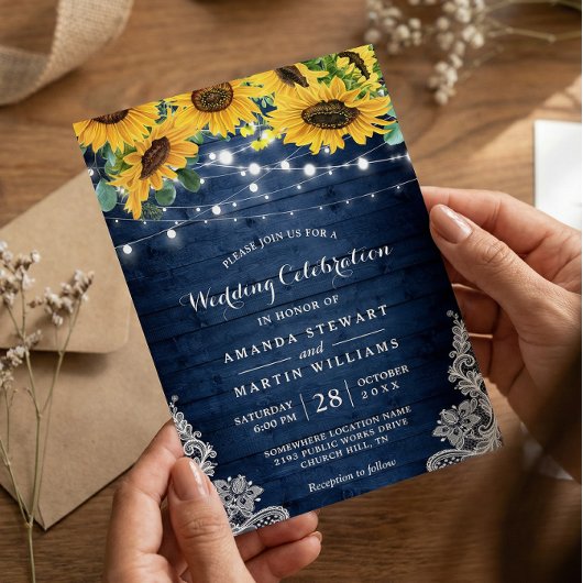 Rustic Sunflower Navy Blue String Lights Wedding Kaart
