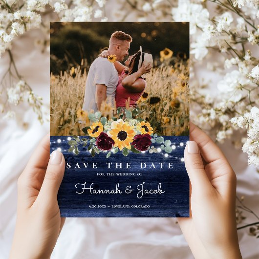 Rustic Sunflower Navy Blue String Lights Wedding Save The Date