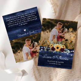 Rustic Sunflower Navy Blue Wedding Bedankkaart