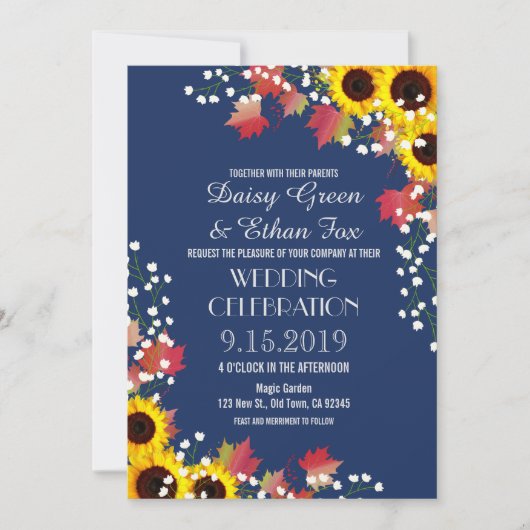 Rustic Sunflower Navy Blue Wedding Invitations Kaart (Voorkant)
