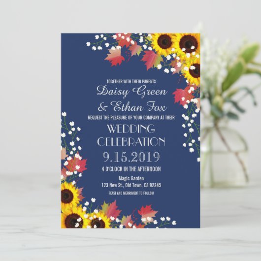 Rustic Sunflower Navy Blue Wedding Invitations Kaart (Staand voorkant)