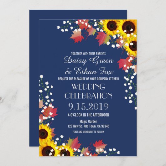 Rustic Sunflower Navy Blue Wedding Invitations Kaart (Voorkant / Achterkant)