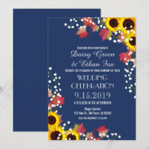 Rustic Sunflower Navy Blue Wedding Invitations