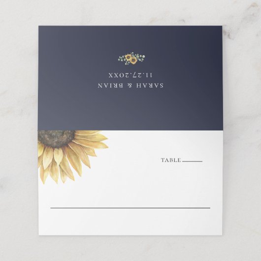Rustic Sunflower Navy Blue Wedding Plaatskaartje (Buitenkant ongevouwen)