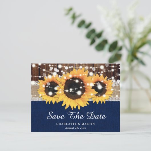 Rustic Sunflower Navy Blue Wedding Save the Date Aankondiging (Staand voorkant)
