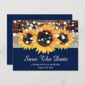 Rustic Sunflower Navy Blue Wedding Save the Date Aankondiging (Voorkant / Achterkant)