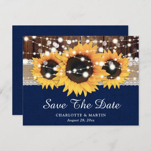 Rustic Sunflower Navy Blue Wedding Save the Date Aankondiging (Voorkant / Achterkant)