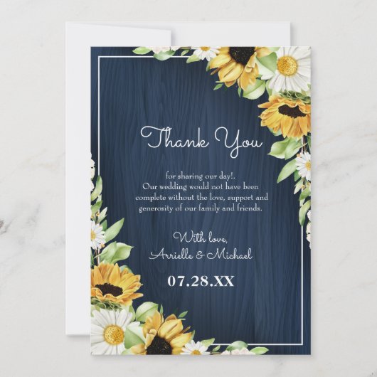 Rustic Sunflower Navy Blue Wood Background Weddens Bedankkaart (Voorkant)