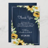 Rustic Sunflower Navy Blue Wood Background Weddens Bedankkaart (Voorkant / Achterkant)