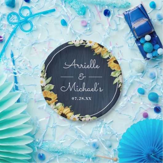 Rustic Sunflower Navy Blue Wood Background Weddens Papieren Bordje (Feest)