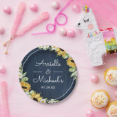 Rustic Sunflower Navy Blue Wood Background Weddens Papieren Bordje (Feest)