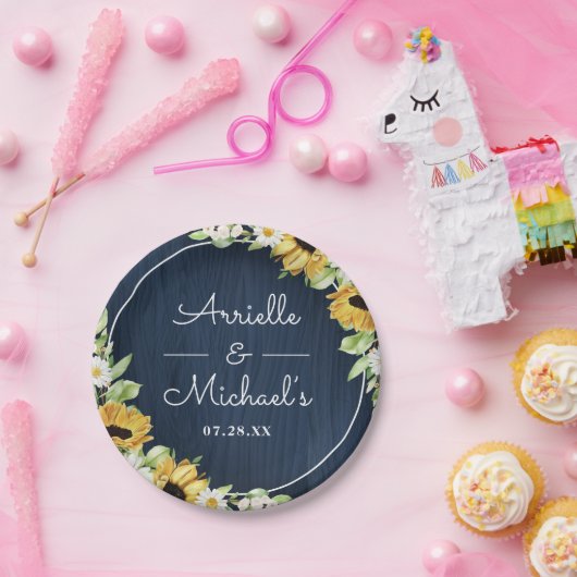 Rustic Sunflower Navy Blue Wood Background Weddens Papieren Bordje (Feest)