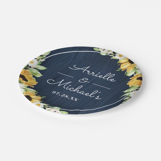 Rustic Sunflower Navy Blue Wood Background Weddens Papieren Bordje (Gekanteld)