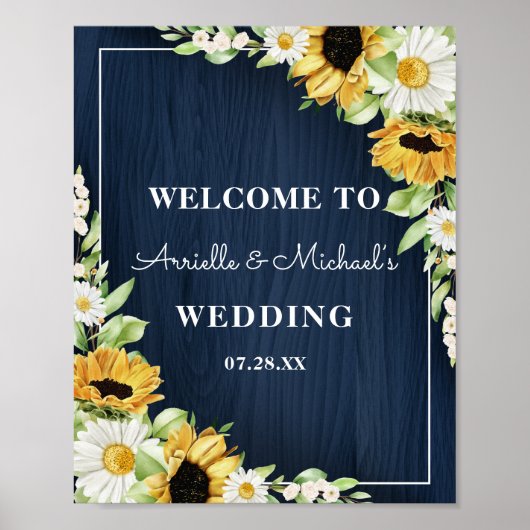 Rustic Sunflower Navy Blue Wood Background Weddens Poster (Voorkant)