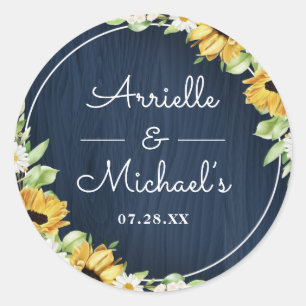 Rustic Sunflower Navy Blue Wood Background Weddens Ronde Sticker