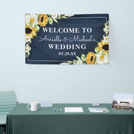 Rustic Sunflower Navy Blue Wood Background Weddens Spandoek (Beurs)