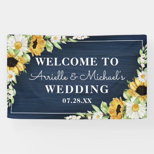 Rustic Sunflower Navy Blue Wood Background Weddens Spandoek (Horizontaal)