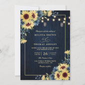 Rustic Sunflower Navy Blue Wood QR Code Wedding Kaart (Voorkant)