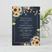 Rustic Sunflower Navy Blue Wood QR Code Wedding Kaart (Staand voorkant)