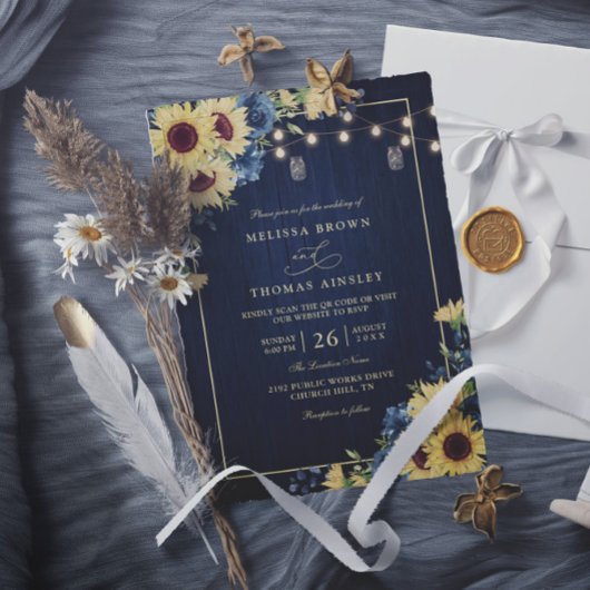 Rustic Sunflower Navy Blue Wood QR Code Wedding Kaart