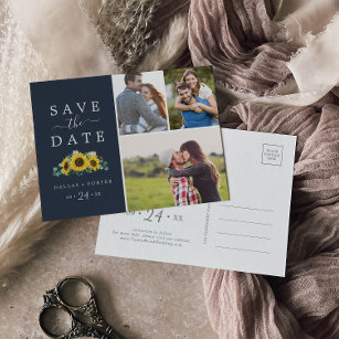 Rustic Sunflower Navy Photo Collage Save the Date Uitnodiging Briefkaart