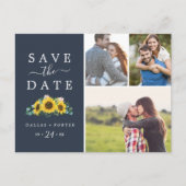 Rustic Sunflower Navy Photo Collage Save the Date Uitnodiging Briefkaart (Voorkant)
