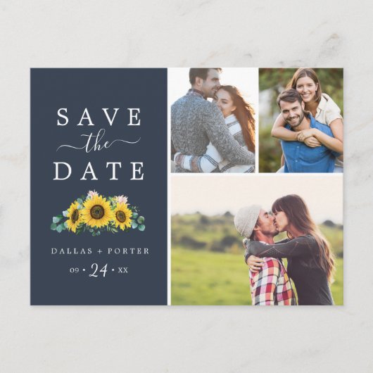 Rustic Sunflower Navy Photo Collage Save the Date Uitnodiging Briefkaart (Voorkant)