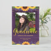 Rustic Sunflower Paars Gold 2 Foto Afstuderen Aankondiging (Staand voorkant)