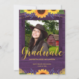 Rustic Sunflower Paars Gold 2 Foto Afstuderen Aankondiging