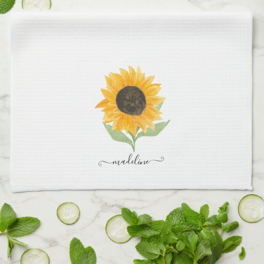 Rustic Sunflower Personalized Name Script Theedoek (Gevouwen)