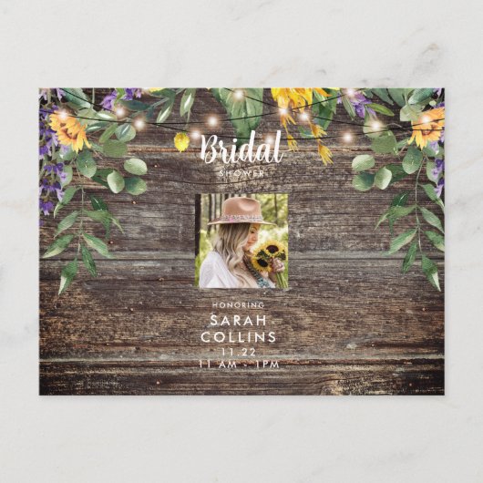 Rustic Sunflower Photo Bridal Shower Invitation Briefkaart (Voorkant)