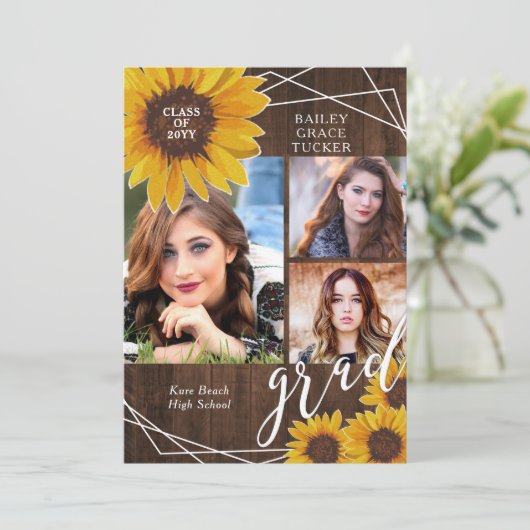 Rustic Sunflower Photo Collage Afstuderen Aankondiging (Staand voorkant)