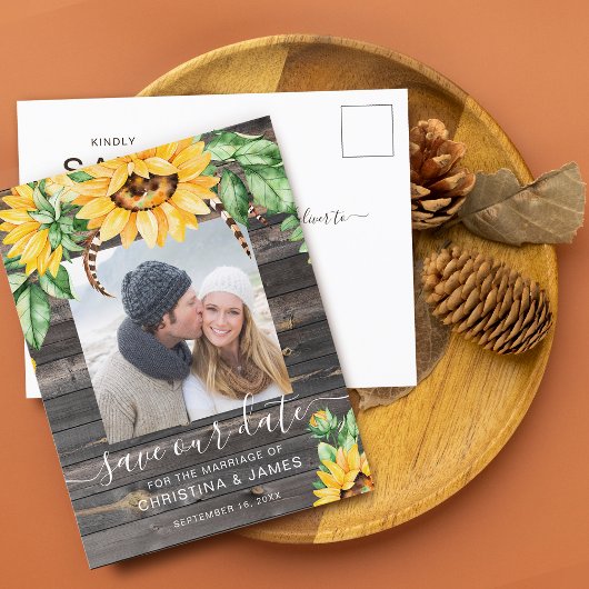 Rustic Sunflower Photo Script Save the Date Aankondigingskaart