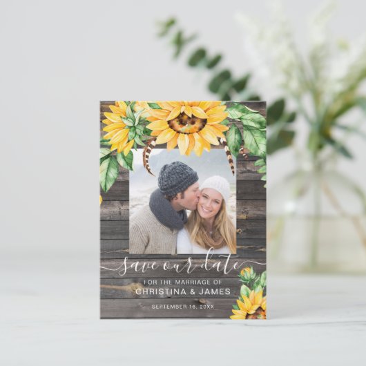 Rustic Sunflower Photo Script Save the Date Aankondigingskaart (Staand voorkant)
