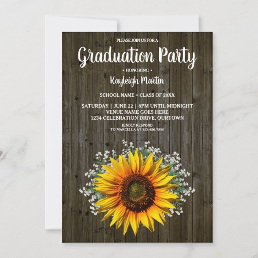 Rustic Sunflower Photo Template Graduparty Kaart (Achterkant)